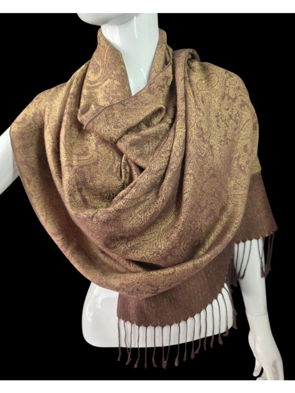 Pashmina Silk Paisley Scarf Wrap Rich Brown / Shimmery Caramel Jacquard 74x26